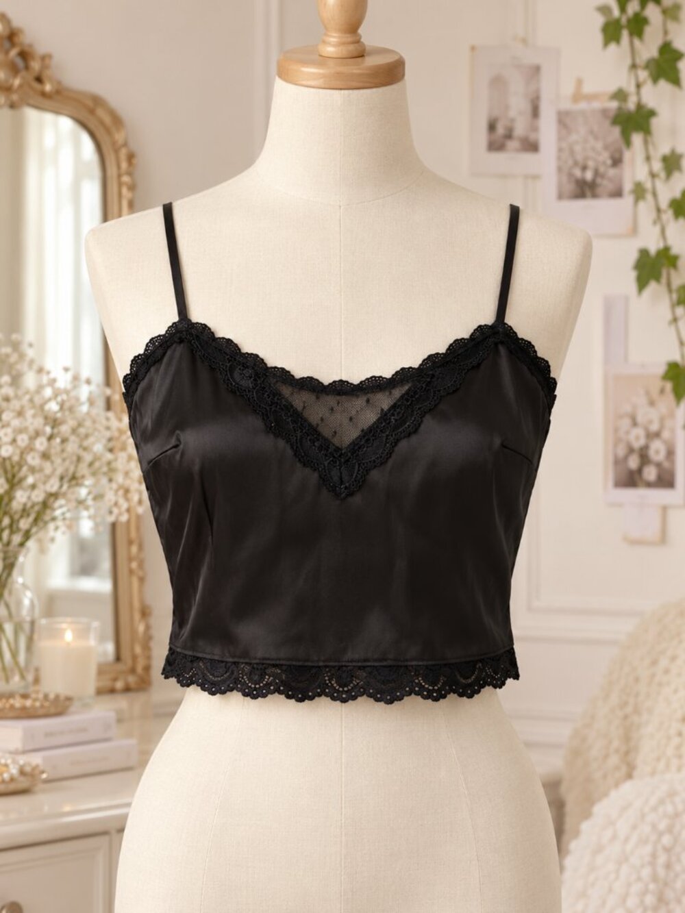 Brandy Melville Black Satin Lace Cami Crop Top XS Y2K Coquette